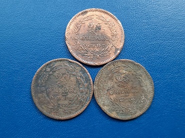 เหรียญทองแดง ร.5 จปร-ช่อชัยพฤกษ์ อัฐ 8 อันเฟื้อง จำนวน 3 เหรียญ ครบชุด (อัฐ 1236,1238,1244)๕