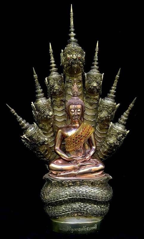 พระสิริพุทธจักรวรรดิ องค์พระเนื้อทองแดงขัดเงา นาคทองเหลืองขัด ตัก ๕ นิ้ว วัดป่าบ้านขุมคำ จ.หนองคาย