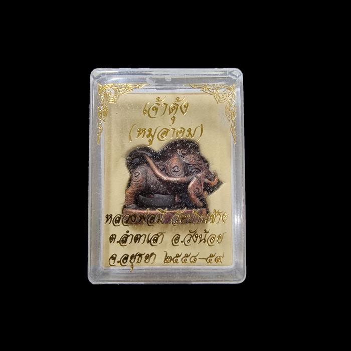 เจ้าดุ้ง หมูคาบหาง หมูอาคมเนื้อตะปู ๗ ป่าช้าผสมหัวก็อกน้ำไหล รมดำ เนื้อนี้หายากสร้างน้อยแค่ 593 ตน 