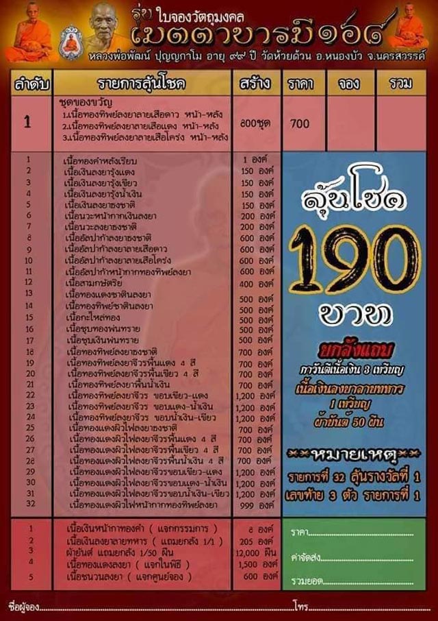 หลวงพ่อพัฒน์ ปุญญกาโม วัดห้วยด้วน จ.นครสวรรค์ ปี2563 รุ่น เมตตาบารมี168 เนื้อทองทิพย์ซาติน ลงยาจีวร