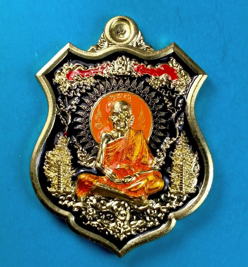เหรียญหลวงปู่หมุน บูชาครู ปี 63 รุ่นปาฏิหาริย์ หลวงปู่อุดมทรัพย์ เนื้อทองฝาบาตรลงยาจีวรส้มพื้นดำ
