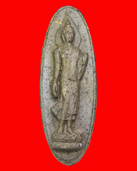 พระลีลา 25 พุทธศตวรรษ เนื้อดินสีเทาเข้มพิมพ์คมชัดมีแร่หมัดไฟผุดเต็มทั้งองค์