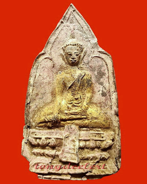 พระพิมพ์อู่ทองฐานผ้าทิพย์เนื้อตะกั่วสนิมแดง กรุวัดเทวสังฆาราม(วัดเหนือ) จ.กาญจนบุรี ปิดทองเดิมจากในก