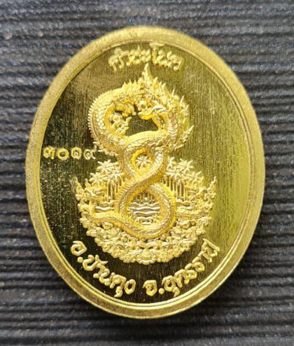 เหรียญพ่อปู่ศรีสุทโธ หลังนาคเกี้ยวเป็นเลข 8 (ความร่ำรวยอย่างไม่สิ้นสุด)...เนื้อทองทิพย์ลงยาสีเขียว