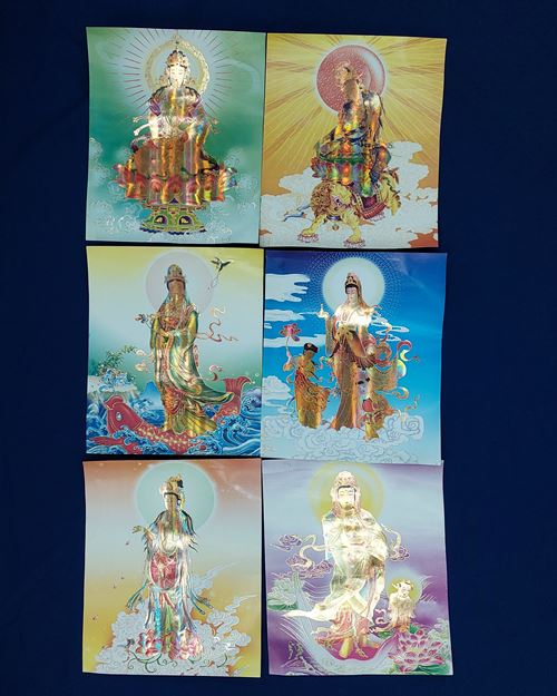 (ปิด59-)รูปกระดาษพิมพ์สีลายทอง เจ้าแม่กวนอิม ขนาด10x21นิ้ว (6ใบ)