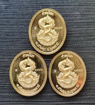 เหรียญพ่อปู่ศรีสุทโธ หลังนาคเกี้ยว..ทองทิพย์ลงยาแดง ขอบสีเขียว ๓ เหรียญ / เสก ๓ วาระ