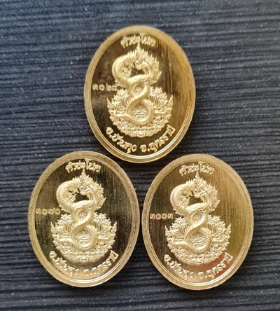 เหรียญพ่อปู่ศรีสุทโธ หลังนาคเกี้ยว..เนื้อทองทิพย์ลงยาสีเขียว ๓ เหรียญ / เสก ๓ วาระ  