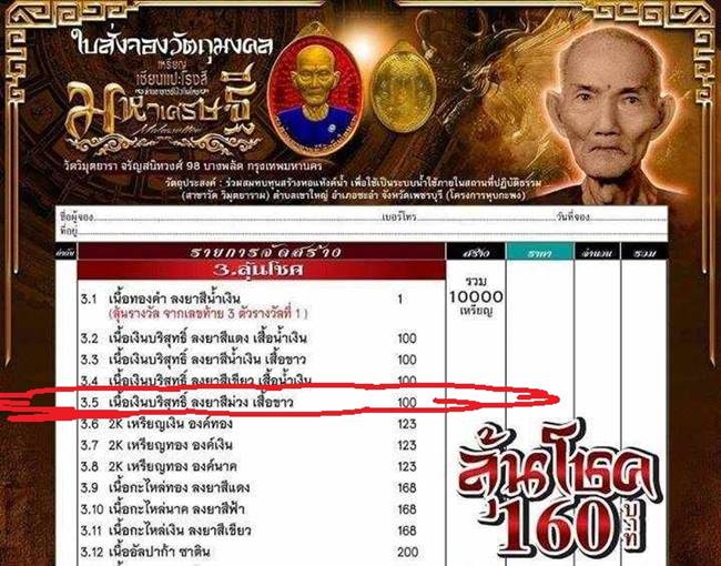 เหรียญแปะโรงสี รุ่นมหาเศรษฐี วัดวิมุตยาราม บางพลัด กรุงเทพฯ เนื้อเงิน ลงยาสีม่วง เสื้อขาว เลข ๒๑