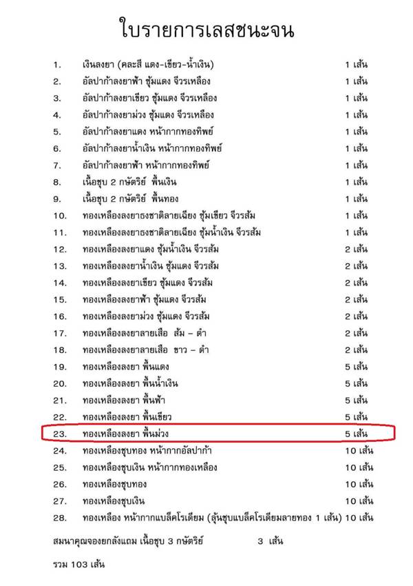 เลสชนะจน หนัก 3 บาท หลวงพ่อพัฒน์ วัดห้วยด้วน รายการที่ 23 เนื้อทองเหลืองลงยา พื้นม่วง เลข 2480