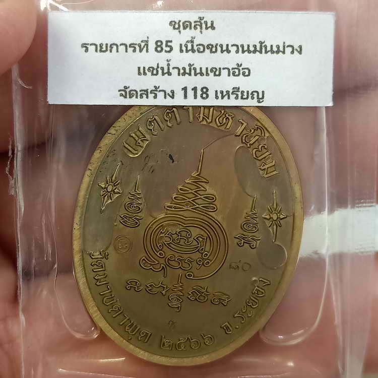 แช่น้ำมันเขาอ้อ เหรียญสร้างบารมี หลวงพ่อรวย วัดมาบตาพุด จ.ระยอง ปี 2566 ชุดลุ้น เนื้อชนวนมันม่วง