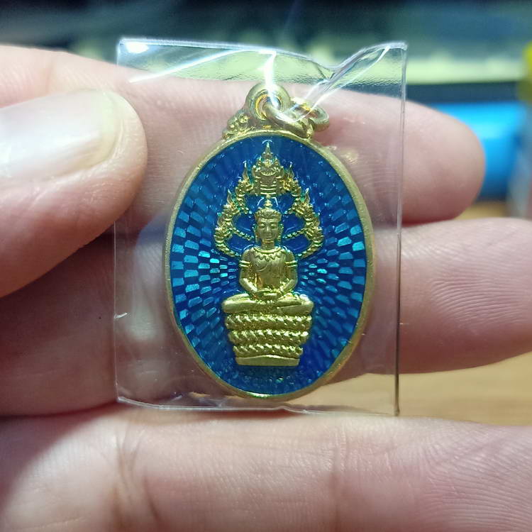 เหรียญนาคปรก หลวงปู่บุญมา สำนักสงฆ์เขาแก้วทอง จ.ปราจีนบุรี ปี 2565 เนื้อทองทิพย์ ลงยาฟ้า หมายเลข 109