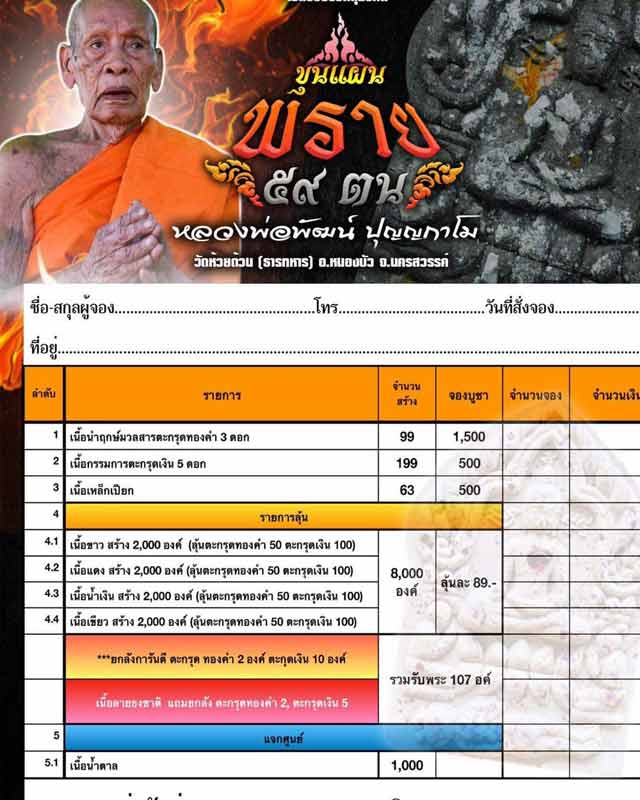 หลวงพ่อพัฒน์ ปุญฺญกาโม วัดห้วยด้วน จ.นครสวรรค์ พราย 59 ตน สุดยอดมวลสาร เนื้อลายธงชาติตะกรุดทองคำแท้