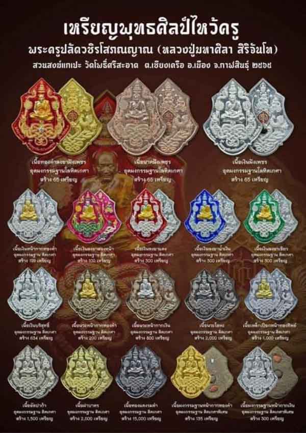 เหรียญพุทธศิลป์ไหว้ครู ๖๕ เนื้อทองแดง หลังอุดผงกรรมฐานติดเกศา หลวงปู่มหาศิลา สิริจันโท สวนสงฆ์แกเปะ