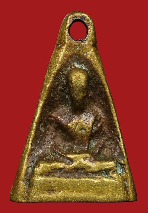 รูปหล่อโบราณหลวงพ่อทบ-หลวงพ่อเขียน พิมพ์ระฆังเล็กสองหน้าหัวไม้ขีด เนื้อทองเหลีอง ปี2505