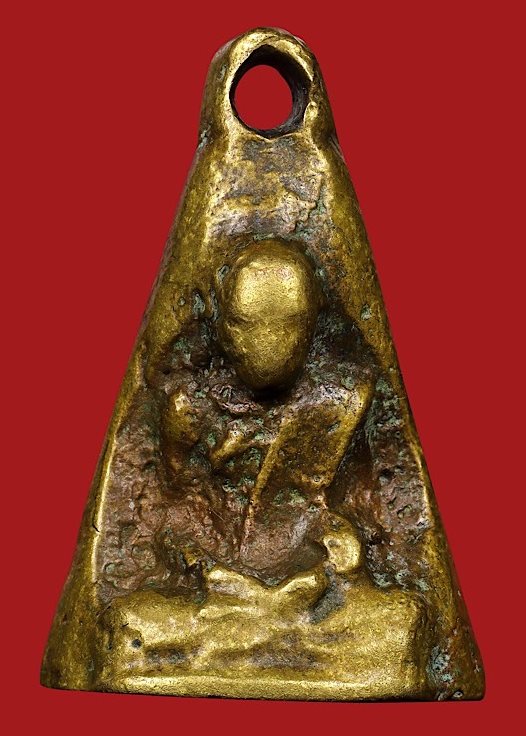 รูปหล่อโบราณหลวงพ่อทบ-หลวงพ่อเขียน พิมพ์ระฆังเล็กสองหน้าหัวไม้ขีด เนื้อทองเหลีอง ปี2505