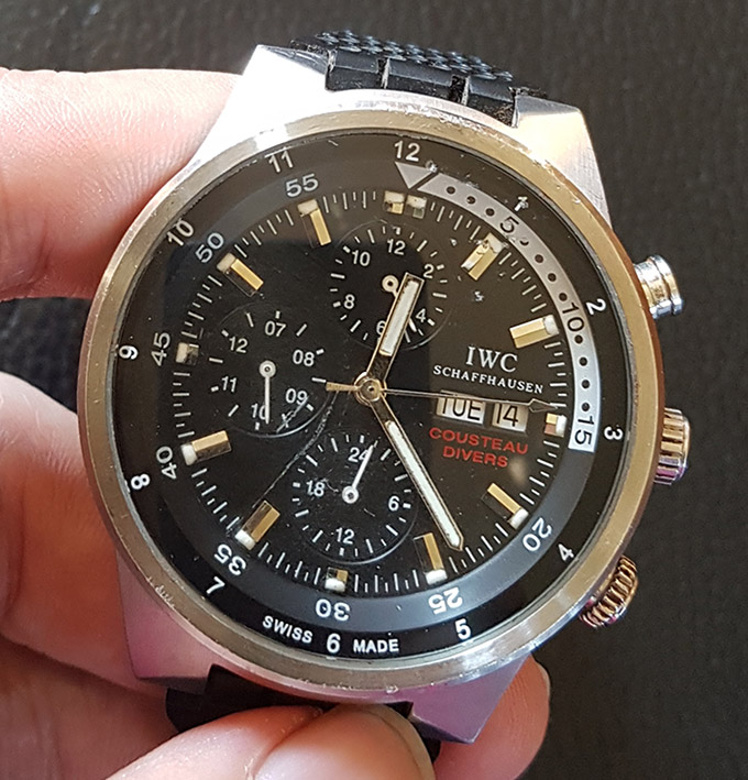 นาฬิกา IWC โครโนกราฟ มีวัน,วันที่ COUSTEAU DIVERS หน้าปัดดำ ระบบออโตเขย่าเดิน ใช้งานได้ทุกวงเข็ม