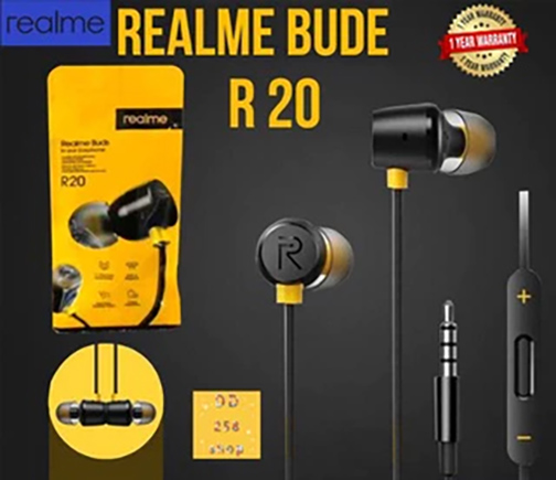 หูฟัง realme R20 ของใหม่ ดีไซน์สวย รุ่นนี้สีดำ แบบ in ear สวมใส่กระชับ ไม่หลุดง่าย พร้อมใช้เป็นสมอลท