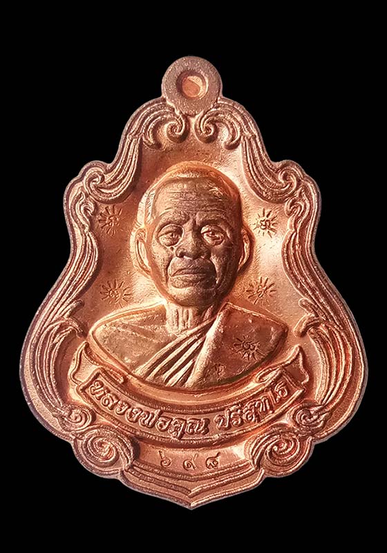 พระเหรียญปาดตาลครึ่งองค์ หลวงพ่อคูณ ปริสุทโธ ออกที่วัดใหม่อัมพวัน เนื้อทองแดง ตอก 2โค๊ด หมายเลข#698