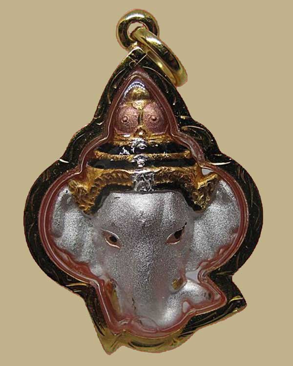 เศียรพระพิฆเนศ วัดถ้ำแฝด จ.กาญจนบุรี รุ่น 2 มหาเทพ เนื้อ 3 K เลี่ยมทอง