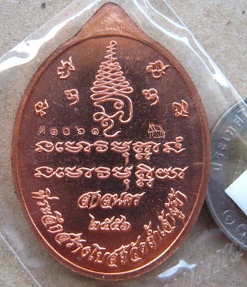 เหรียญเศรษฐี หลวงปู่แก้ว วัดถ้ำเจ้าผู้ข้า สกลนคร ปี2556เลข1061 เนื้อทองแดงหน้ากากทองระฆัง พร้อมกล่อง