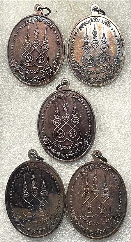 *เหรียญหลวงปู่เริ่ม ปรโม วัดจุกกะเฌอ ชลบุรี ปี๒๕๓๙ เนื้อทองแดงรมดำ ๕ เหรียญ*
