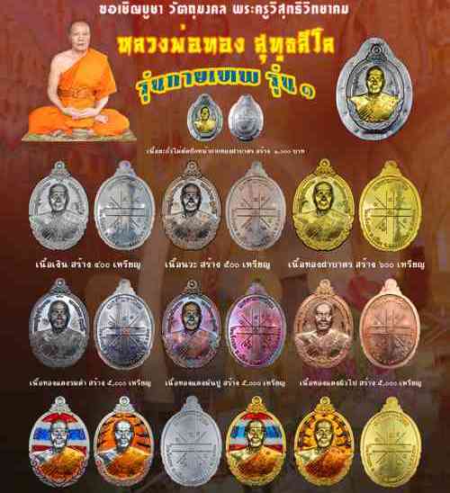 เหรียญกายเทพ หลวงพ่อทอง สุทธสีโล วัดบ้านไร่ จ นครราชสีมา เนื้อทองแดงลงยาลายเสือ หมายเลข310+กล่อง