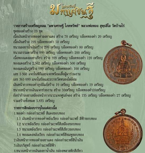 เหรียญมหาเศรษฐี โภคทรัพย์ หลวงพ่อทอง สุทฺธสีโล วัดบ้านไร่ นครราชสีมา ปี2562 เนี้อทองแดง เลข574+กล่อง