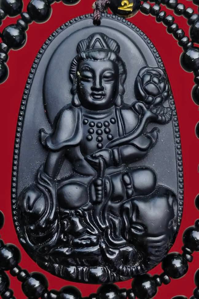 สร้อยคอหินแกะสลัก พระโพธิสัตว์ พิมพ์พระสมันตภัทรโพธิสัตว์(ปีมังกร) เนื้อหินออบซีเดียน
