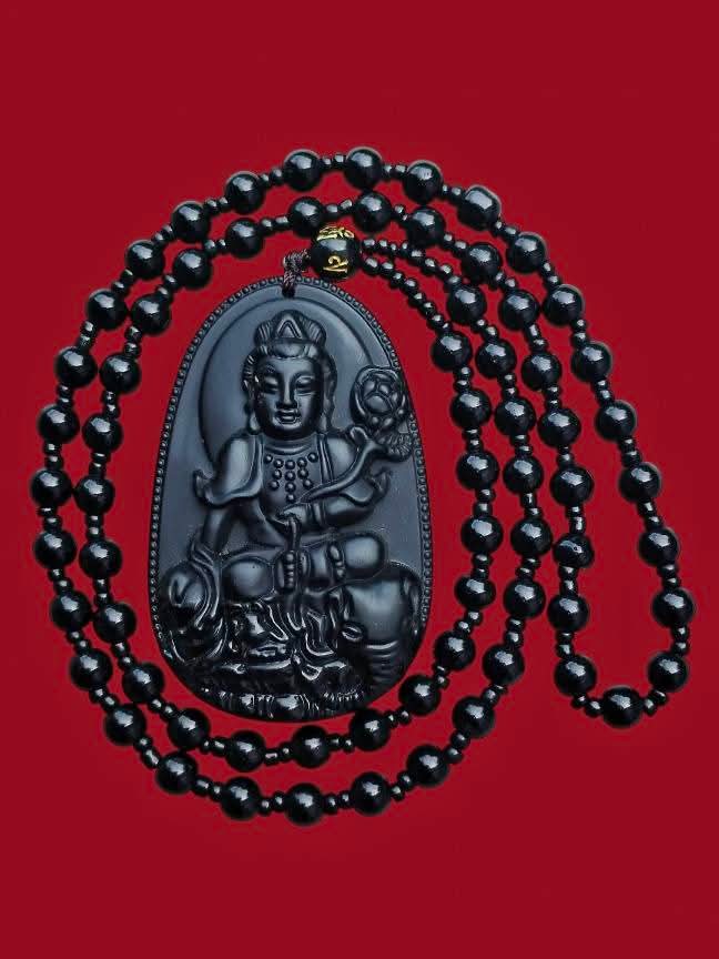 สร้อยคอหินแกะสลัก พระโพธิสัตว์ พิมพ์พระสมันตภัทรโพธิสัตว์(ปีมังกร) เนื้อหินออบซีเดียน