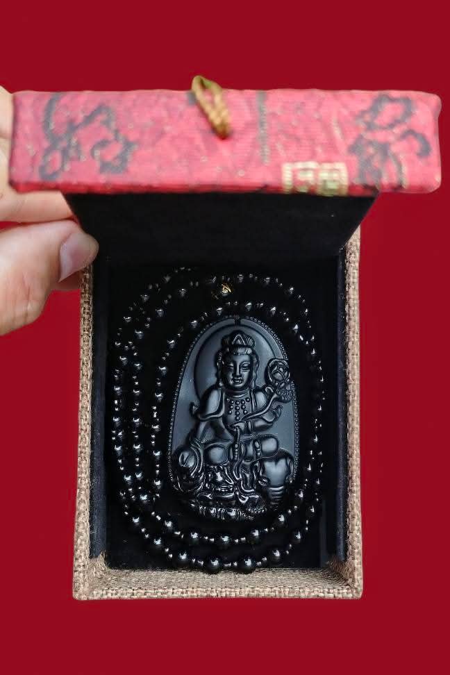 สร้อยคอหินแกะสลัก พระโพธิสัตว์ พิมพ์พระสมันตภัทรโพธิสัตว์(ปีมังกร) เนื้อหินออบซีเดียน