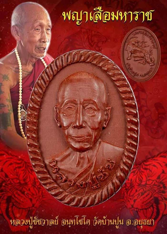 เหรียญหล่อดวงเศรษฐี"พญาเสือมหาราช"รุ่นแรก หลวงปู่ชัช วัดบ้านปูน อยุธยา ปี60 เนื้อทองแดง เลข33+กล่อง