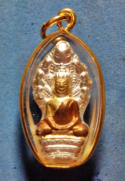 พระนาคปรกพิมพ์ใหญ่ รุ่นปกป้อง หลวงพ่อแล วัดพระทรง เพชรบุรี เนื้อสามกษัตริย์ เลี่ยมทองไมครอน ปี 2550