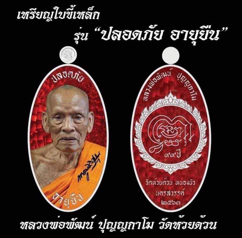 เหรียญใบขี้เหล็ก รุ่น ปลอดภัยอายุยืน หลวงพ่อพัฒน์ วัดห้วยด้วน ปี2563 ลงยาจีวรพื้นหลังฟ้า