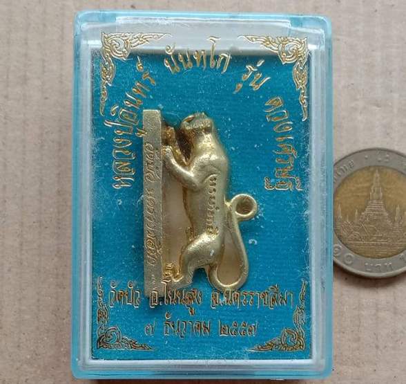เสือหล่อดวงเศรษฐี หลวงปู่อินทร์ วัดบัว นครราชสีมา ปี2557 เนื้อทองฝาบาตร เลข716 ใต้ฐานฝั่งตะกรุด+กล่อ