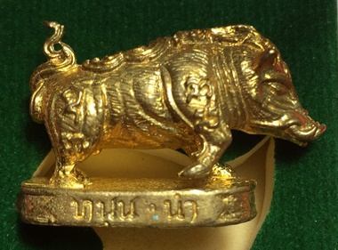 หมูมหามงคลคูณทอง หลวงพ่อคูณ วัดบ้านไร่ ปี2553 เนื้อทองทิพย์ ใต้ฐานอุดผงจีวรเกศา+ตะกรุด เลข1428+กล่อง