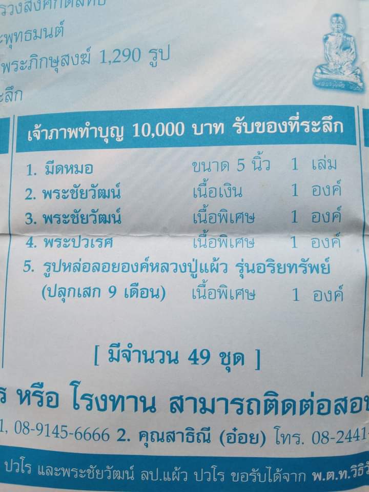 รูปหล่อลอยองค์ รุ่นอริยทรัพย์ หลวงปู่แผ้ว วัดรางหมัน จ นครปฐม ปี2554 เนื้อมหาชนวน หมายเลข899