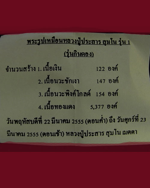 พระรูปหล่อรุ่นแรกหลวงปู่ประสาร. สุมโน เนื้อทองแดง ปี2555 วัดป่าหนองไคร้. จ.ยโสธร