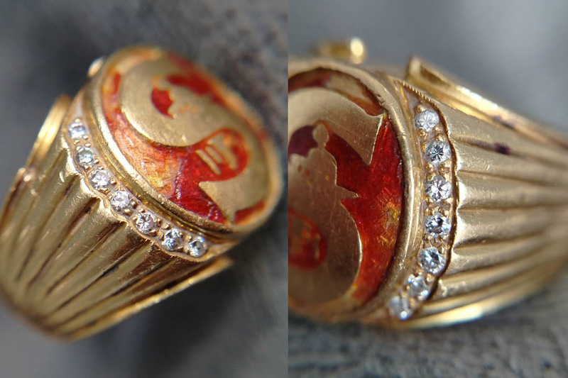 แหวนทองคำลงยาฝังเพชร บริษัทซิงเกอร์สร้าง หลวงพ่อคูณปลุกเสก 