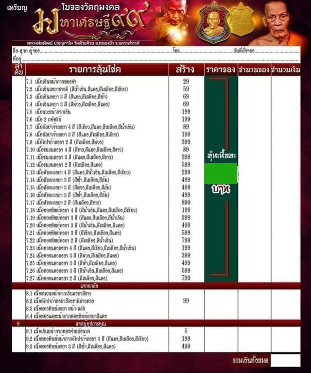 เหรียญมหาเศรษฐี99 หลวงพ่อพัฒน์ วัดห้วยด้วน ปี 2563 เนื้อทองทิพย์ลงยา 3 สี เขียว เหลือง แดง