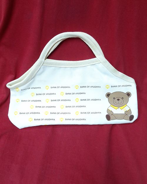 (ปิด39-) กระเป๋าผ้าใบเล็ก สกรีนรูปหมี จากธนาคารกรุงศรี (สภาพไม่ได้ใช้)