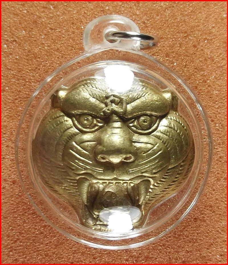 หน้ากากเสือรุ่นแรก หลวงปู่คำบุ วัดกุดชมภู จ.อุบลราชธานี เนื้อทองฝาบาตร หลังแร่ ฝังตะกรุด จีวร