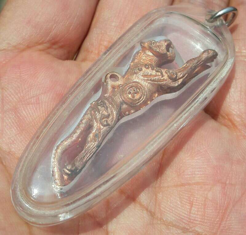 เสือยันต์กลับตัวใหญ่ หลวงปู่แย้ม วัดตะเคียน รุ่น 8 แท้-ทันหลวงปู่ เนื้อทองแดง เลี่ยมพร้อมใช้  เคาะเด