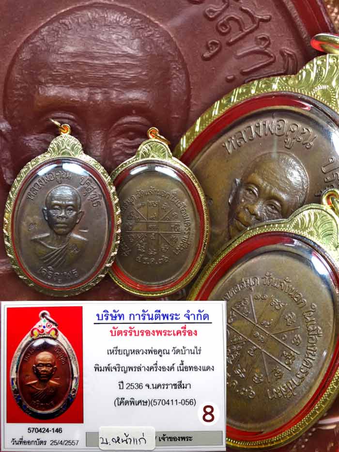 (8) ลพ.คูณ พิมพ์เจริญพรล่างครึ่งองค์ เนื้อทองแดง ปี36 (โค๊ดพิเศษ) บล๊อคทองคำหน้าแก่ เลี่ยมทอง+บัตร - 3