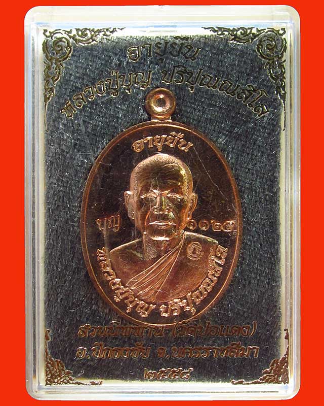 เหรียญอายุยืนบน หลวงปู่บุญ วัดปอแดง (สวนนิพพาน)นครราชสีมา  เนื้อทองแดงผิวไฟ เลข 1125  2โค๊ด ปี 58  - 3