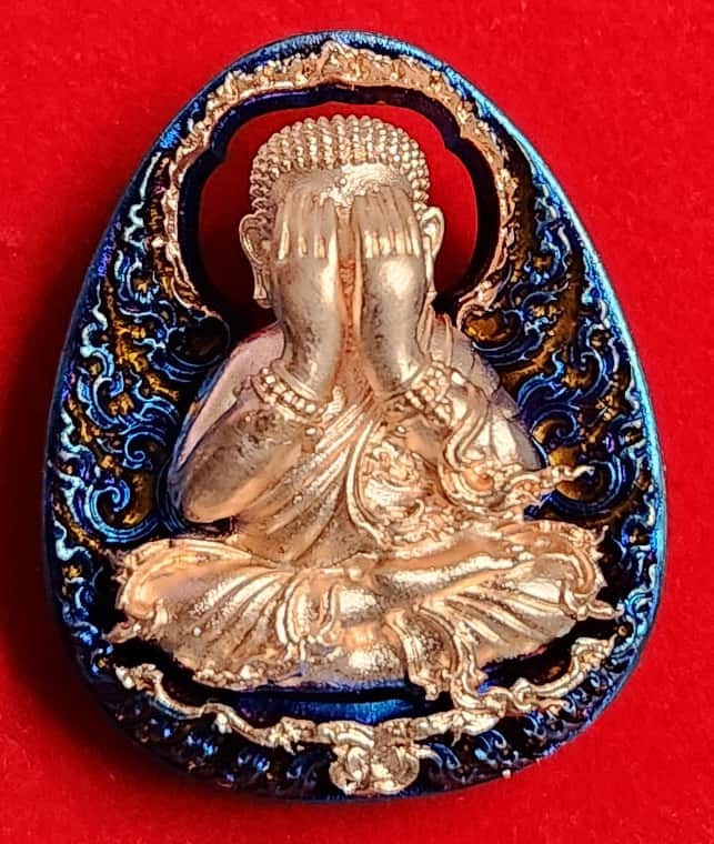 พระปิดตาจัมโบ้+เปิดตาพระสังกัจจายน์ พุทธศิลป์กนกซุ้มทะลุ หลวงปู่โต๊ะเนื้อบรอนซ์ ชุบ BLUE พื้นชุบนาค - 1