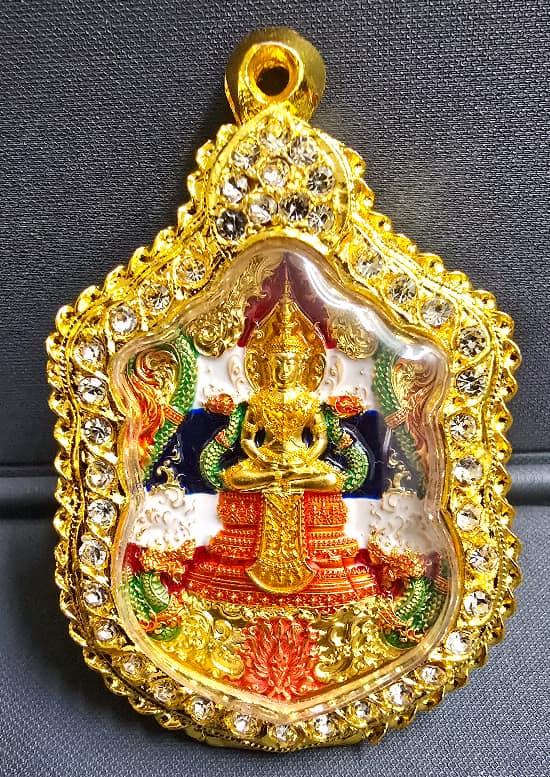 เหรียญพระแก้วรุ่น "มหาจักรพรรดิ์" หลวงปู่จื่อ พันธมุตโต เนื้อชุบทองโบราณ ลงยาลายธงชาติ ลงยาบัวด้านล่ - 5