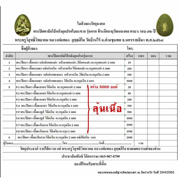 พระปิดตาจัมโบ้หลวงพ่อทอง วัดบ้านไร่ รุ่นอายุ ๗๒ ปี ปี 64 เนื้อผงเกสรหน้ากากทองคำ โค๊ตทองคำ ตะกรุดทอง - 5