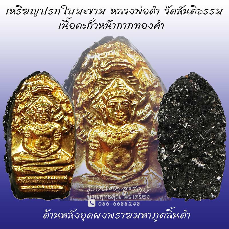 เหรียญปรกใบมะขาม หลวงพ่อดำ วัดสันติธรรม เนื้อตะกั่วหน้ากากทองคำ หลังอุดผงพรายมหาภูติลิ้นดำ - 1