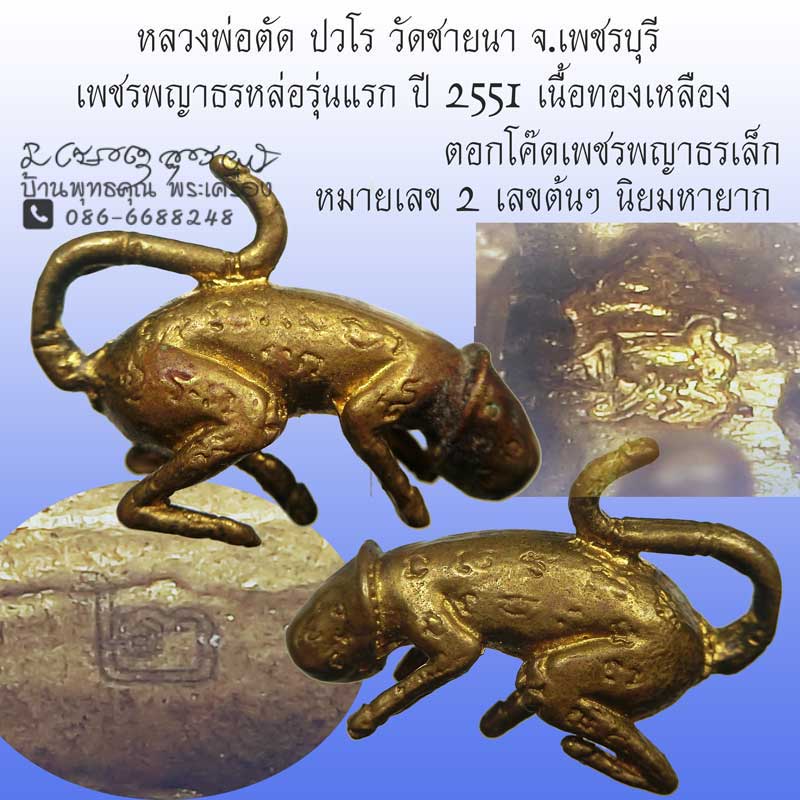 เพชรพญาธรหล่อรุ่นแรก เนื้อทองเหลือง ปี 2551 หลวงพ่อตัด วัดชายนา เลขต้นๆ หมายเลข 2 - 1
