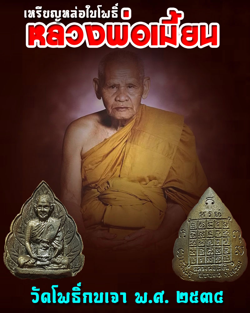 เหรียญหล่อ ใบโพธิ์ หลวงพ่อเมี้ยน วัดโพธิ์กบเจา พ.ศ.2534 - 1
